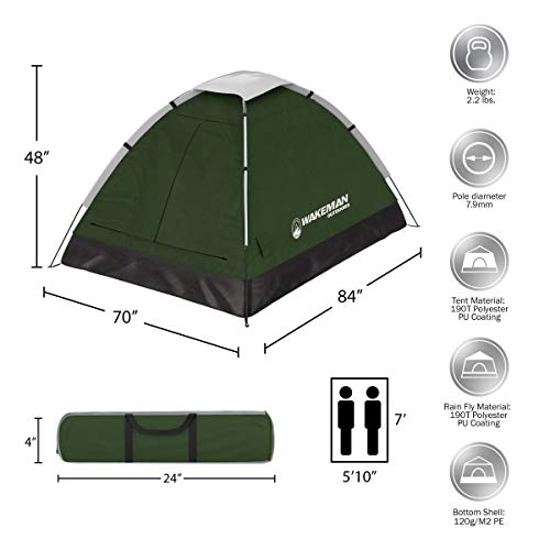 2 Person Camping Tent with Rain Fly and Carrying Bag - Water-Resistant Outdoor Tent for Backpacking, Hiking, or Festivals by Wakeman Outdoors