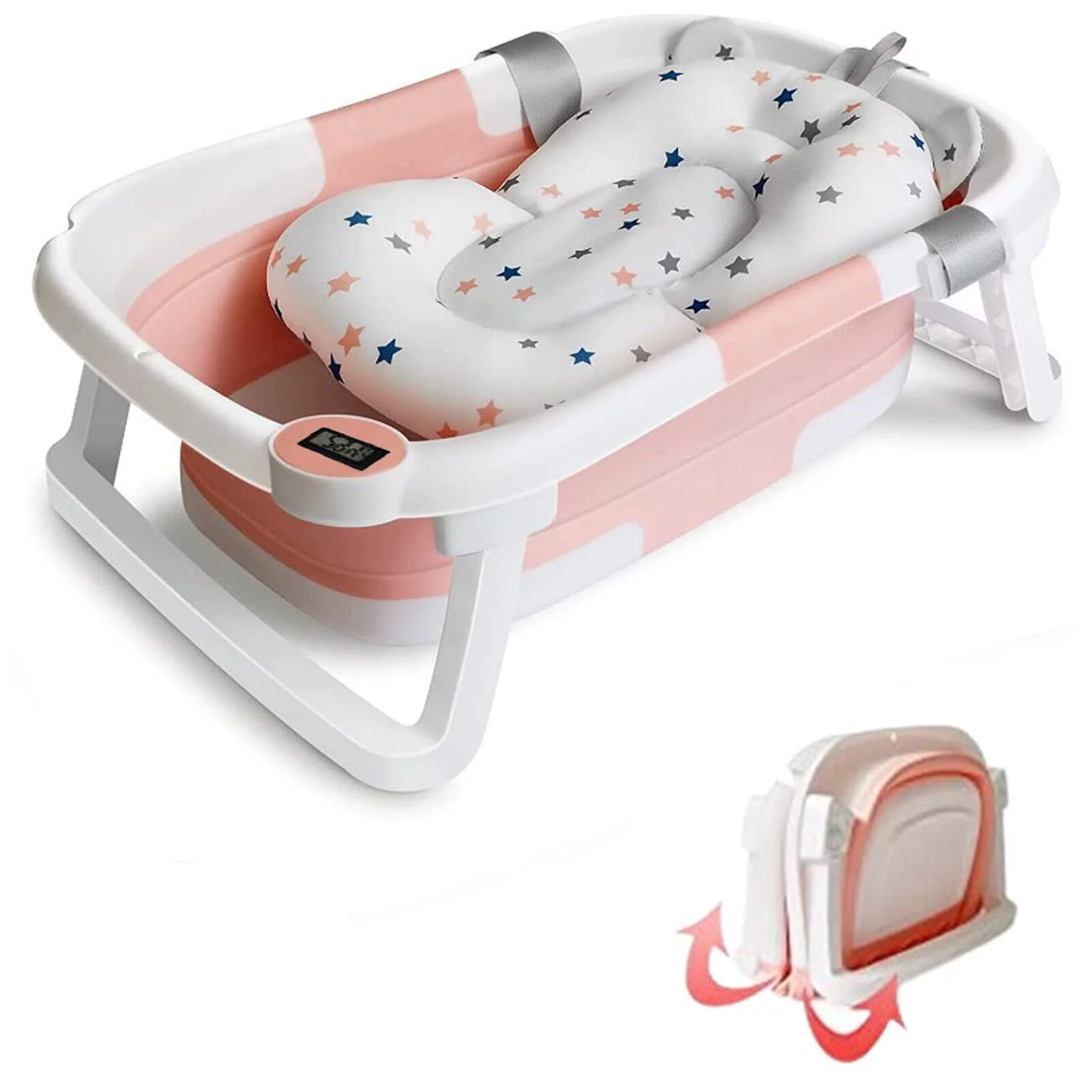 SHANNA Collapsible Newborn Bath Tubs Baby Bathtub Portable Travel Foldable Baby Bathtub with Pillow Cushion Support Bath Net Temperature Sensor(Pink)