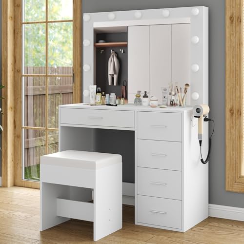 Vanity Desk with Power Outlet, Makeup Vanity with Mirror and 12 LED Lights, 3 Lighting Modes,11 Drawers Vanity Table with Chair, Glass Top, Dressing Table for Bedroom,Dressing Room, White