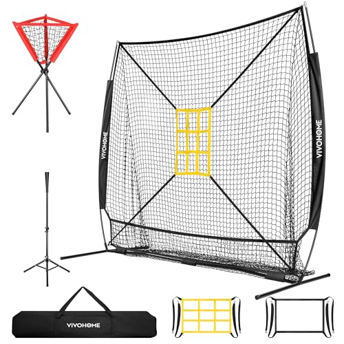 VIVOHOME Baseball Softball Hitting Net with Large Ball Collection System, 7 x 7 ft Baseball Batting Pitching Net with Tee, 2 Strike Zone, Carry Bag