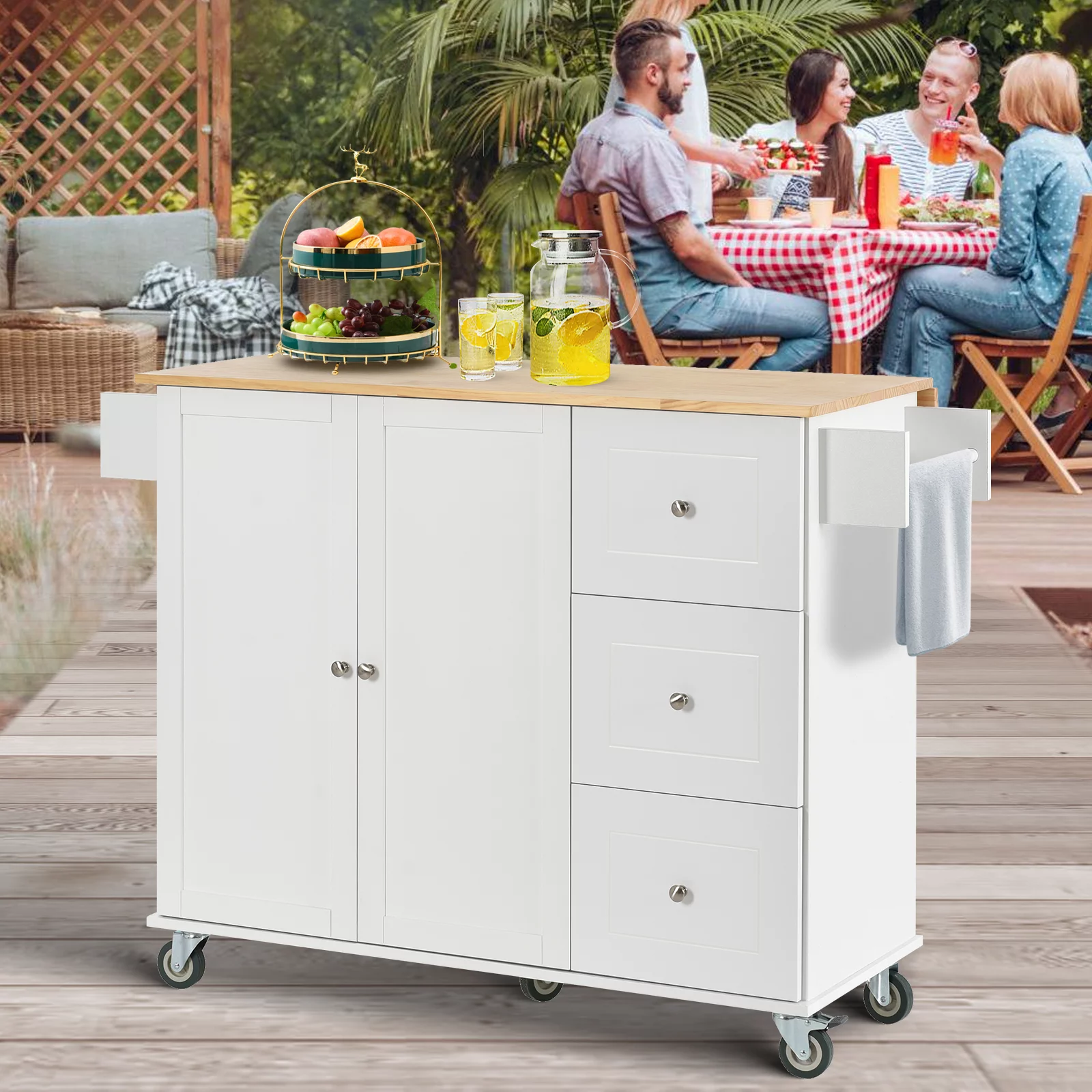 53 inch Portable Kitchen Island with Drop Leaf, Rolling Kitchen Island with Storage,White