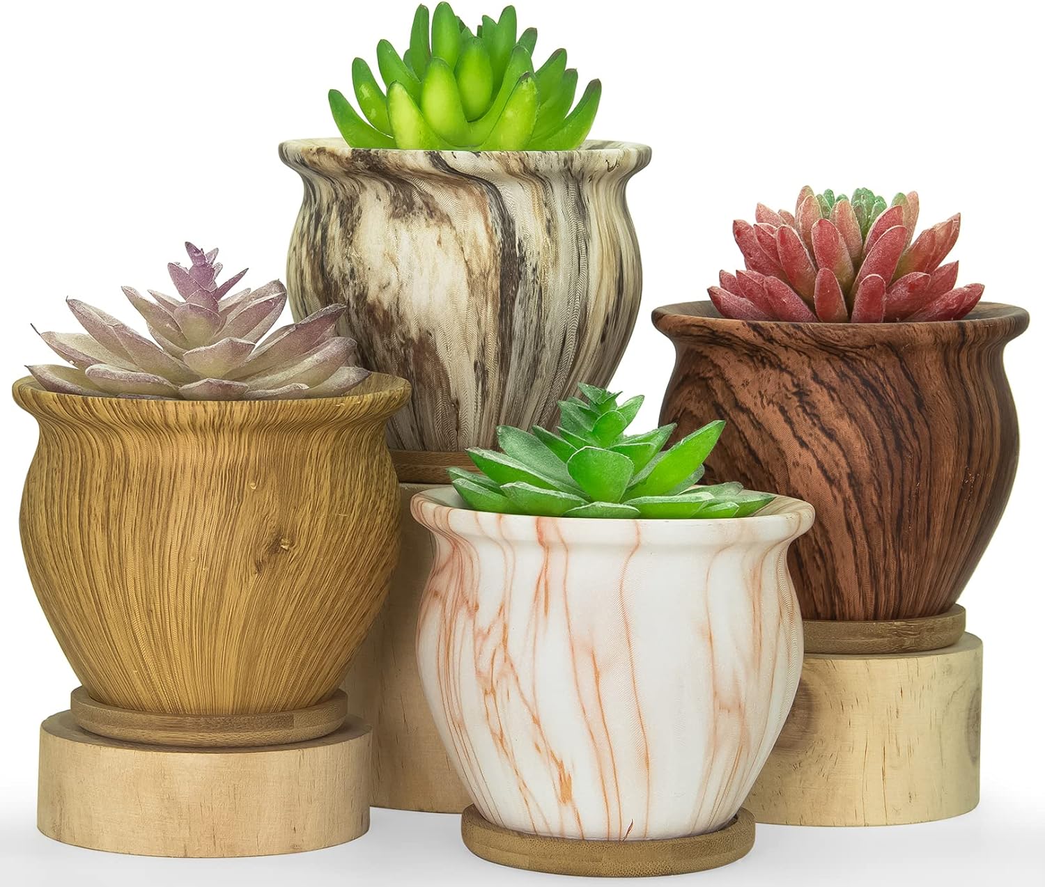 ARTKETTY Succulent Pots, 4.5 Inch Small Succulent Planter Pot with Drainage Bamboo Trays, Ceramic Flower Pots for Indoor/Outdoor Cactus Plants Set of 4