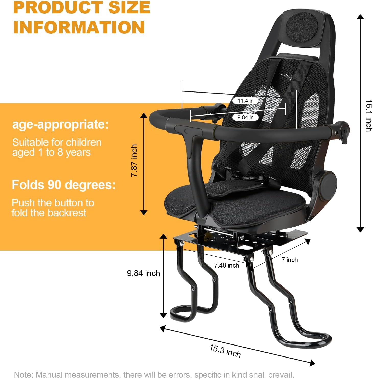 Rear Child Bike Seat, Adjustable Backrest Rear Bike Seat, Foldable and Rotatable Rear Mounted Child Bike Seat, New Comfortable Child Rear Seat, Suitable for Most Bicycle Rear Frames