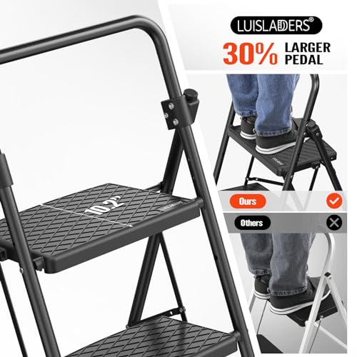 LUISLADDERS 3 Step Ladder with Handrails, Folding Step Stool with Widened Anti-Slip Pedal, 500lbs Lightweight Step Ladder 3 Step Folding, Multi-use for Home Kitchen Pantry Office, Black