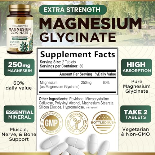 Magnesium Glycinate Supplement, 250 mg, 100% Chelated Magnesium Supplement for High Absorption - Muscle, Heart, Bone and Nerve Health Support, Gluten Free, Vegan, Non-GMO - 120 Magnesium Tablets
