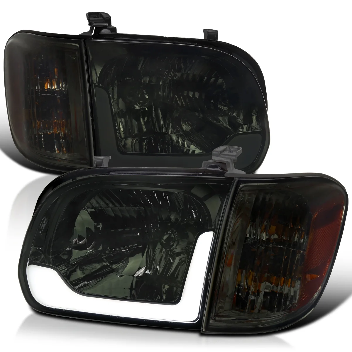 Spec-D Tuning Chrome Housing Smoke Lens LED Switchback Headlights + Corner Lights Compatible with 2005-2006 Toyota Tundra, Left + Right Pair Headlamp Assembly
