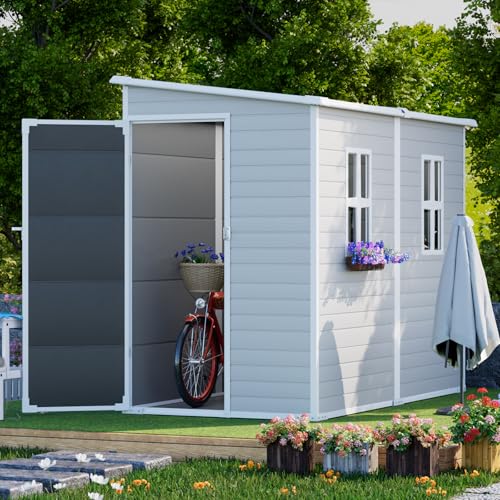 Outdoor Resin Storage Shed with Floor 8x6x7 FT Waterproof Wider Door Outside Plastic Sheds Kit for Backyard Garden Patio Lawn Tools, Gray