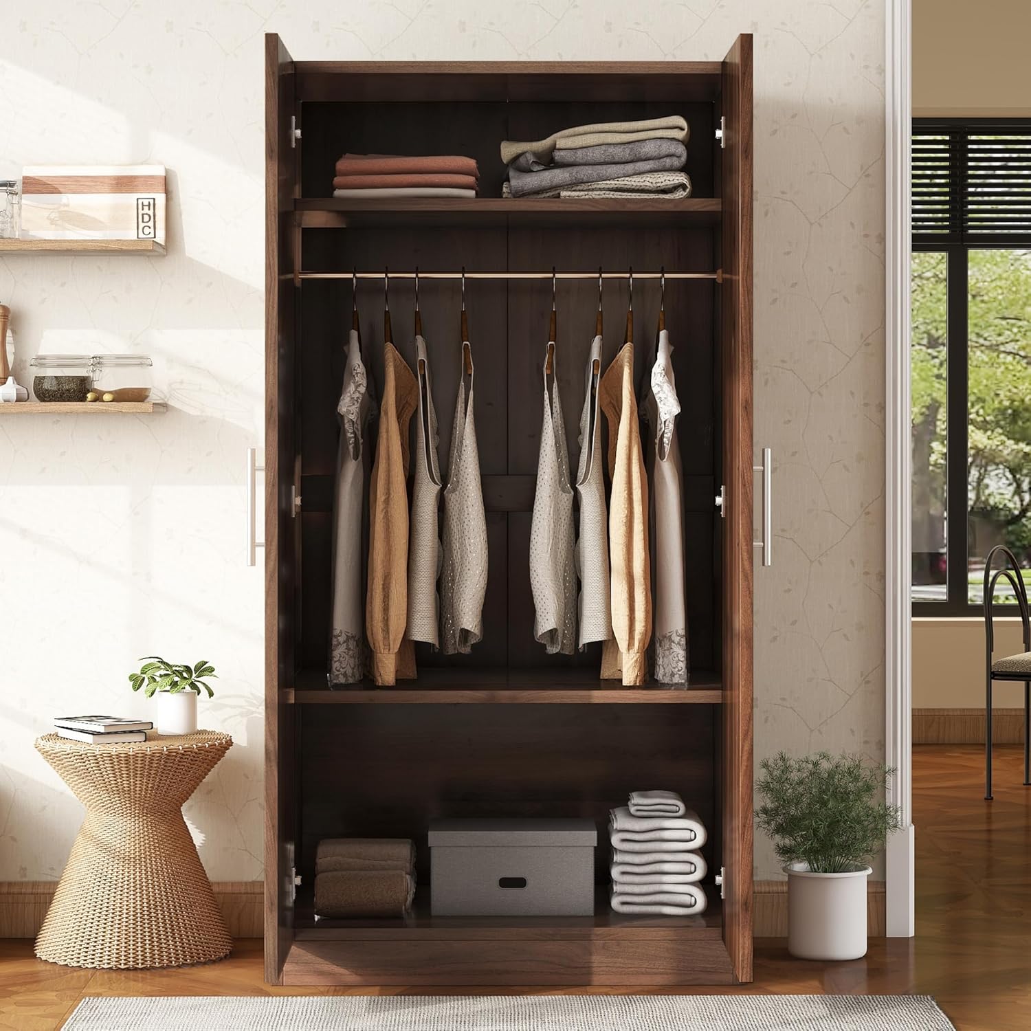 Stylish and Functional 2-Door Wooden Wardrobe Armoire with 3 Adjustable Storage Shelves and a Sturdy Hanging Rod for Optimal Organization and Storage in Your Bedroom or Guest Room, Brown