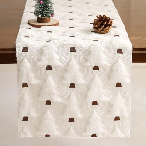 Christmas Tbale Runner 13x72 Inch Soft Plush Faux Fur Jacquard Beige Christmas Tree Table Runner, Seasonal Autumn Kitchen Dining Table Decoration for Home Party Decor ZR001A72