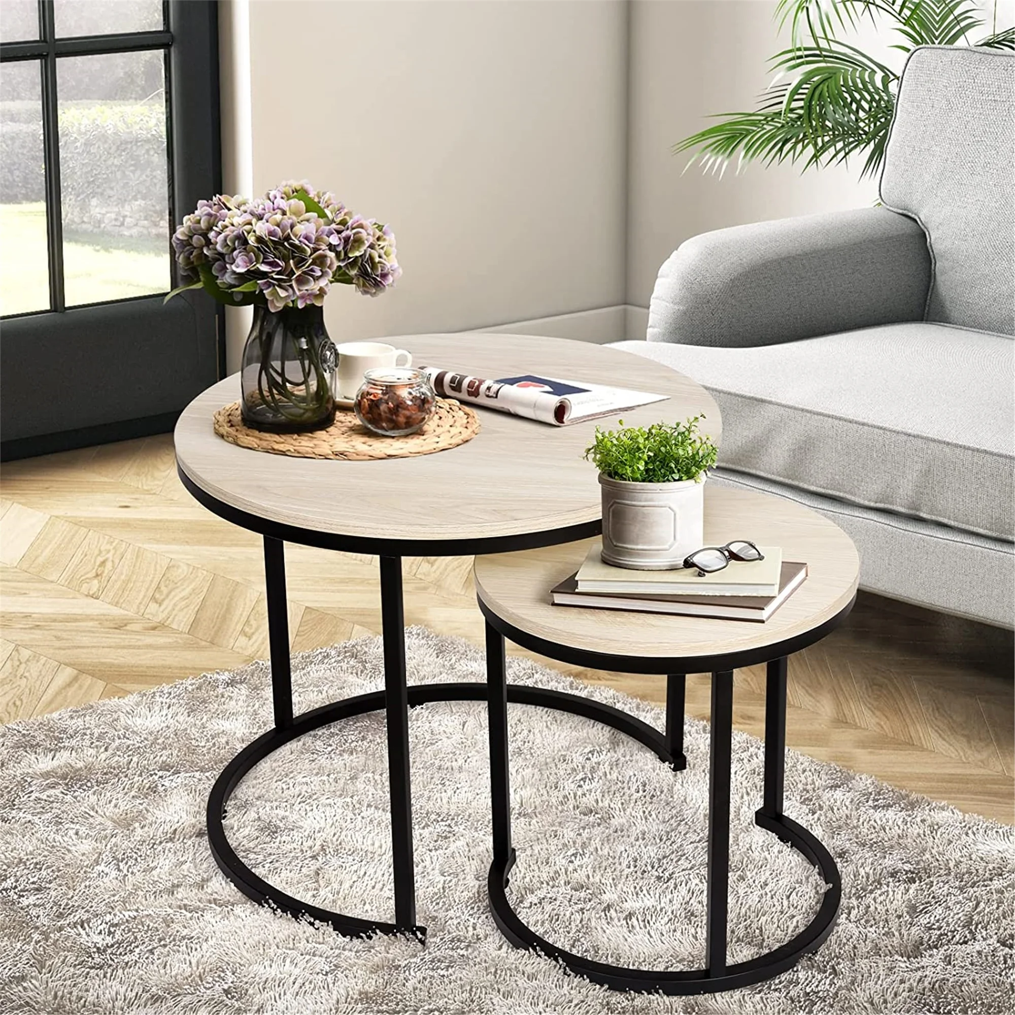 Modern Round Nesting Tables with Metal Frame (Set of 2) (White & Black)