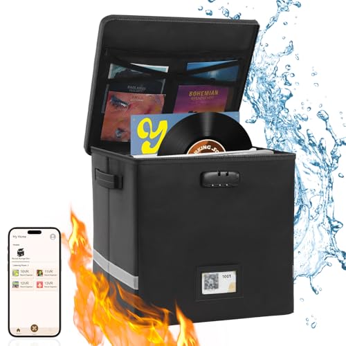 Vinyl Record Storage Box with Smart Labels,Fireproof Record Crate Collapsible Waterproof Album Storage with Lid for LP Album Collection,100+ Single Records Combination Lock Black