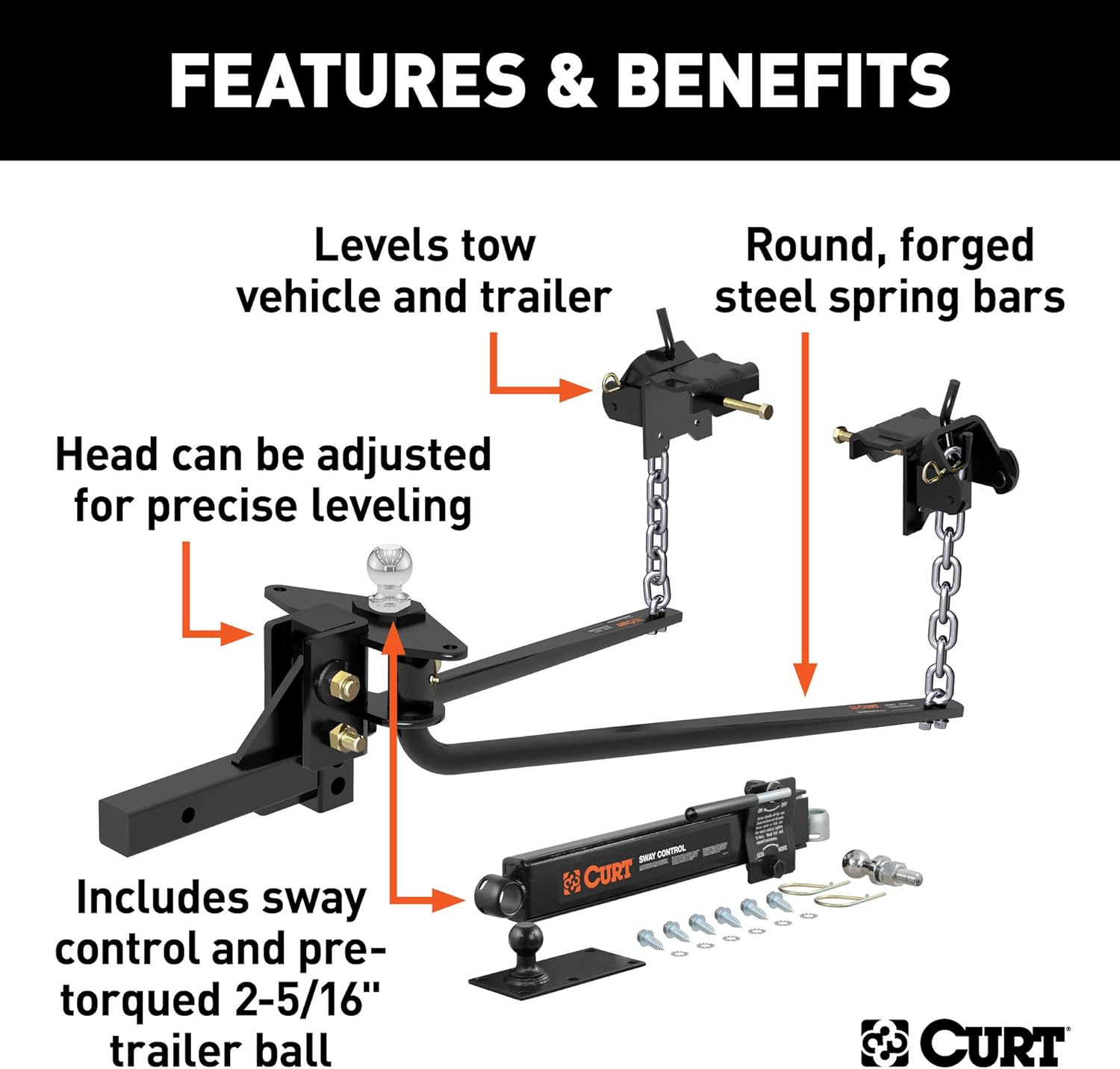 CURT 17062 Round Bar Weight Distribution Hitch with Integrated Lubrication and Sway Control, Up to 10K, 2-in Shank, 2-5/16-Inch Ball, Black