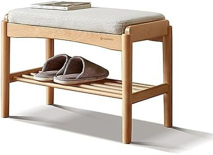 KHBIULIFE Wood Shoe Bench 2-Tier  Bench with Cushion Padded Seat Entryway Bench with Shoe   Small Bench for Entryway Living Room