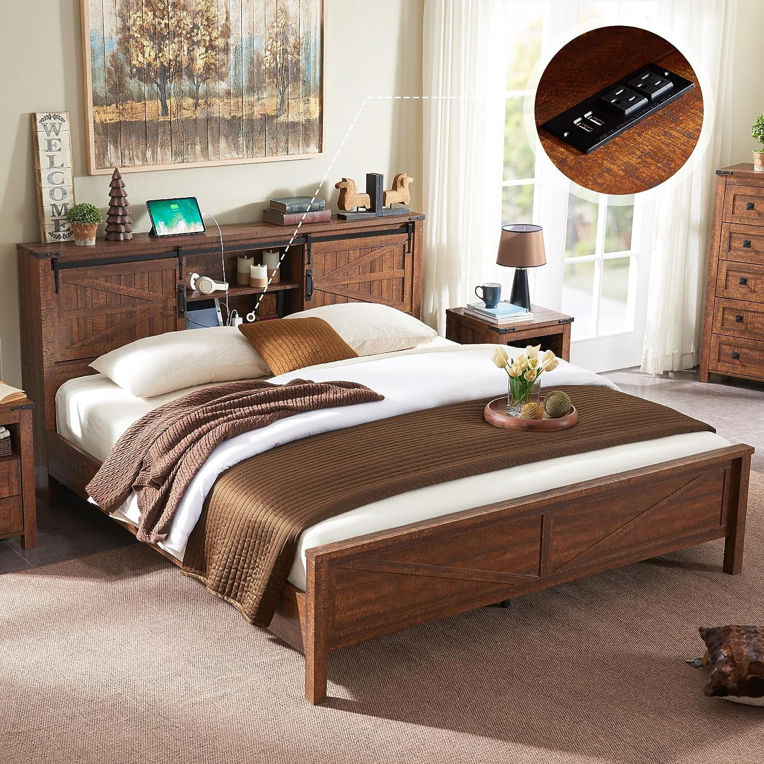 OKD Modern Farmhouse King Platform Bed Frame with Storage Headboard and Charging Station, Reclaimed Barnwood Finish