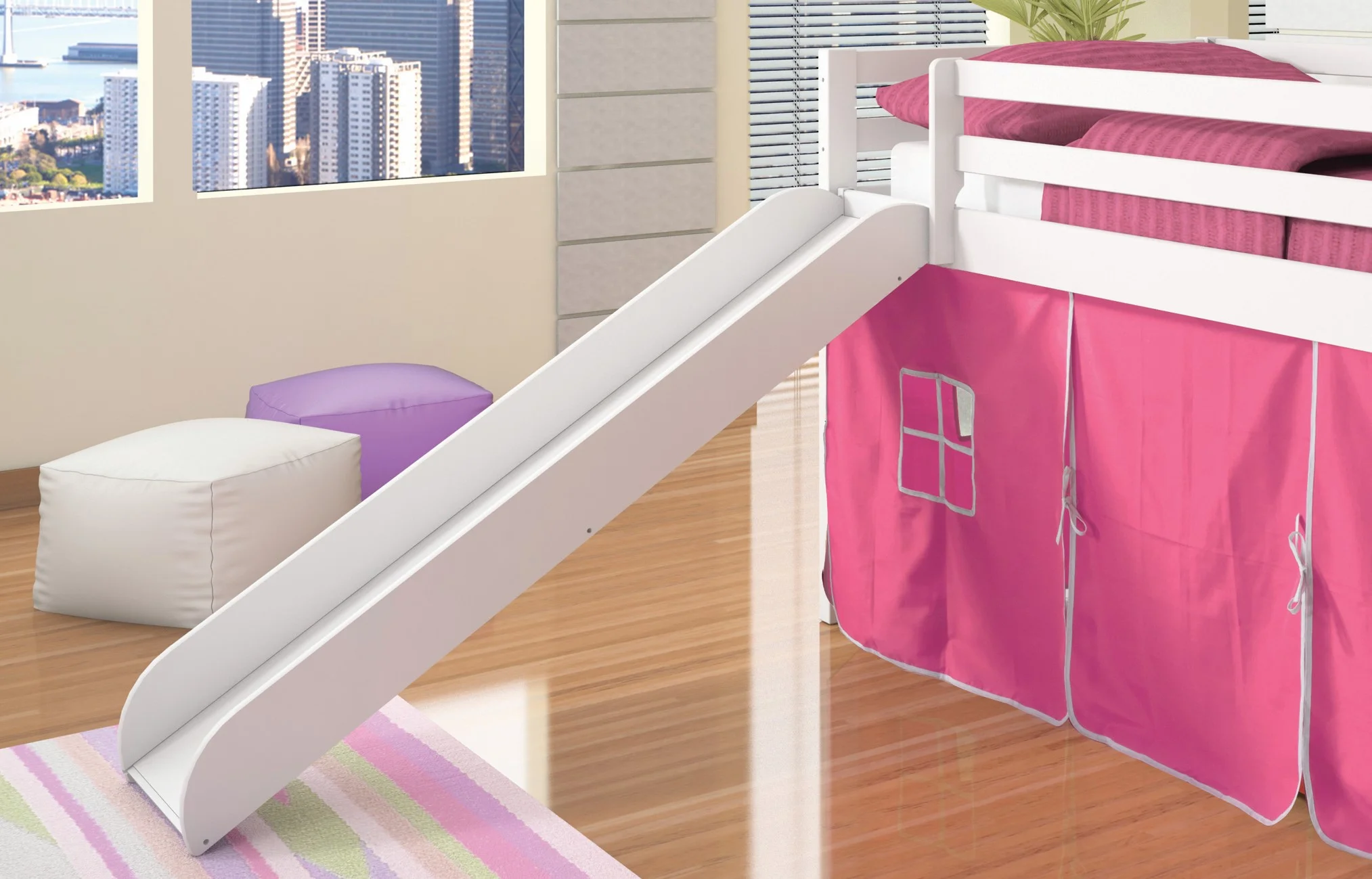 Donco Kids Twin Loft Bed with Pink Tent and Slide, White