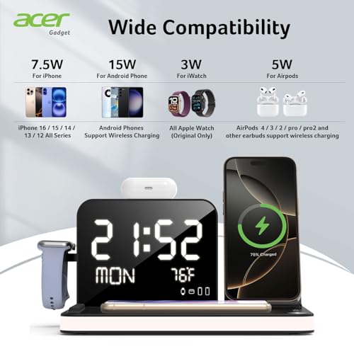 acer 7-in-1 Wireless Charging Station with Adjustable Brightness Night Light, Compatible with iPhone 16/15/14/13/12 All Series, Android Phones, AirPods, and iWatch, Fast Charger with Time Display