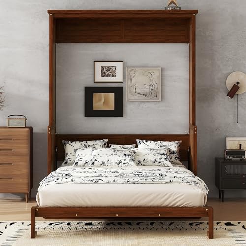 Murphy Bed Wall Bed with Desk, Wood Cabinet Murphy Bed, Space-Saving Hidden Wall Bed with Gas Struts, Walnut