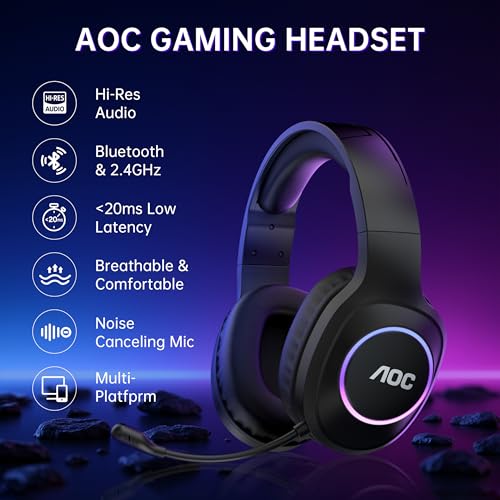 AOC Wireless Gaming Headset for PS5, PS4, Nintendo Switch, PC, Bluetooth 5.4 & 2.4GHz Gaming Headphones with Noise Canceling Mic, RGB, Type-C, 20ms Latency, 45H, 7.1 Virtual Surround- Black