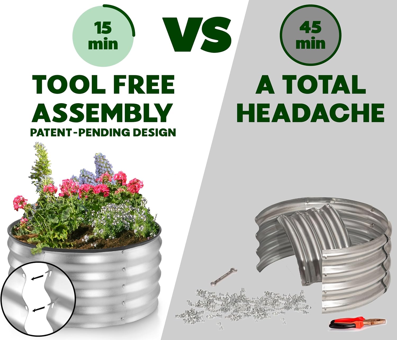 Round Galvanized Raised Garden Bed // 2×2×1 ft Galvanized Raised Garden Beds Outdoor for Gardening, Vegetables, Flowers // Patent Pending Round Planter // Tool-Free Assembly Metal Fire Ring