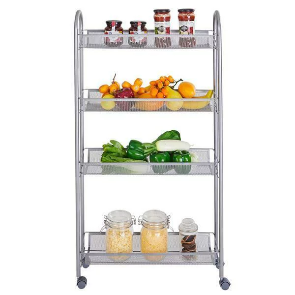 4 Tier Slim Storage Cart Mobile Shelving Unit Organizer Slide Out Storage Rolling Utility Cart Tower Rack for Kitchen Bathroom Laundry Narrow Places, Plastic & Stainless Steel, Silver
