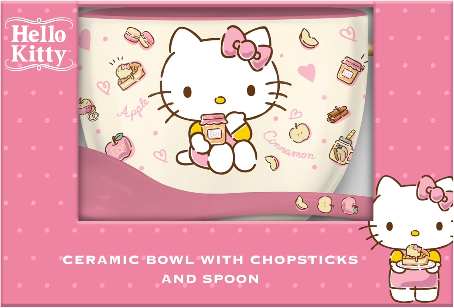 Silver Buffalo Sanrio Hello Kitty Apples and Cinnamon Ceramic Ramen Noodle Rice Bowl with Chopsticks and Spoon, Microwave Safe, 20 Ounces