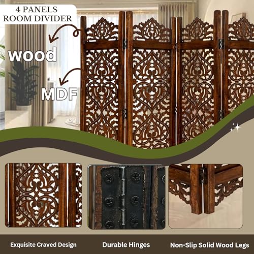 Lightnpro Wooden Room Divider - Handmade Foldable Partition Screen with Intricate Oval Carved Design Hinged, Pre-Assembled 4 Panel Privacy Panel for Home & Living Space (48x64 Inch) Antique White