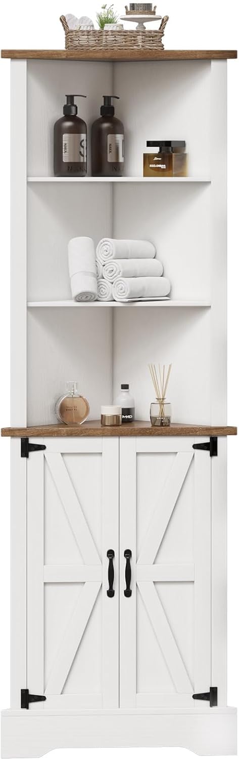 4 EVER WINE Farmhouse Corner Cabinet, Tall Corner Cabinet with 5 Shelves & Barn Doors, Corner Storage Cabinet Home Space Saver for Living Room, Bedroom or Kitchen, White
