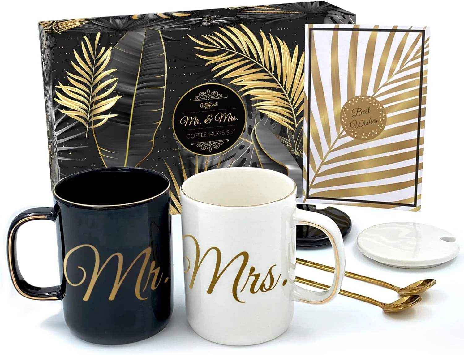 Triple Gifffted Mr and Mrs Coffee Mugs Gifts Set with Lids and Teaspoons for Wedding Anniversary, Married Couples, Engagement Gift, Bride, Women, Bridal Shower, Christmas, Luxurious Basket Packaging