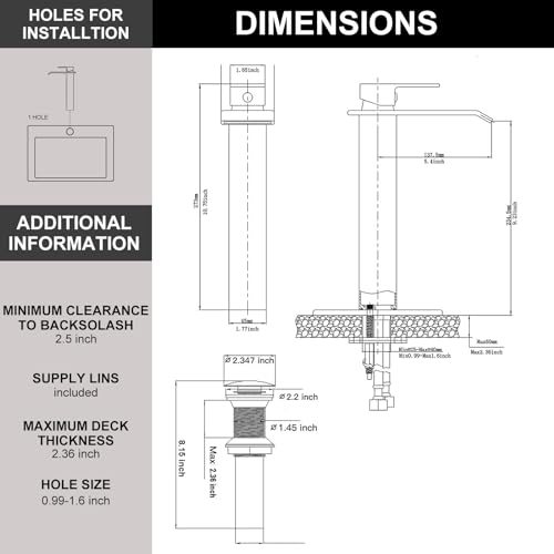 White Gold Faucet Bathroom Vessel Sink Golden Waterfall Spout Faucet Single Handle Bowl Sink Faucet Modern Single Hole Basin Vanity Tall Bathroom Sink Faucet with Pop Up Drain Stopper Supply Hose