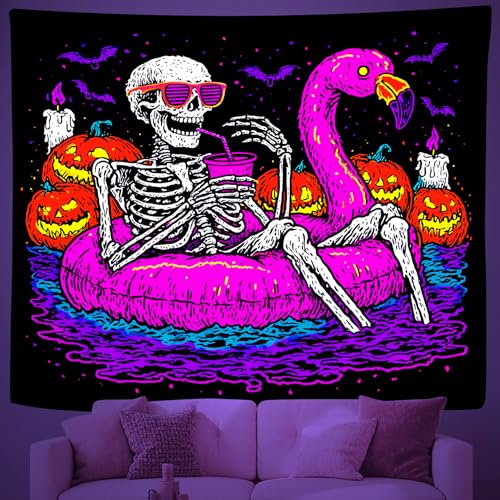 QpaZynthy Blacklight Funny Skeleton Tapestry UV Reactive Halloween Pumpkin Tapestry Spooky Bat Wall Hanging Black Light Posters Flamingo Tapestries for Bedroom Party Backdrop Decor 90x70In