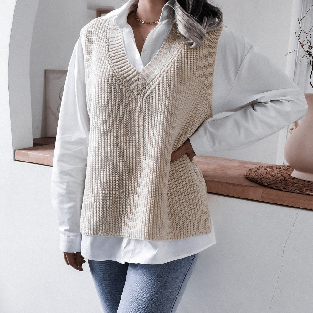 IMMEKEY Sweater Vest Women Sleeveless Knitted Sweater Vest Womens Fall Fashion 2022 V-Neck Casual Loose Knit Sweater Undershirt Women Vest S-L