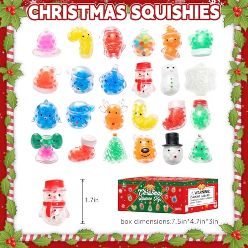 24PCS Christmas Squishy for Party Favors Gifts, Stress Relief Toys for Goodie Bags Pinata Fillers, Stocking Stuffer for Kids, Treasure Box Carnival for Prizes Rewards, Fidget Squeeze Advent Calendar