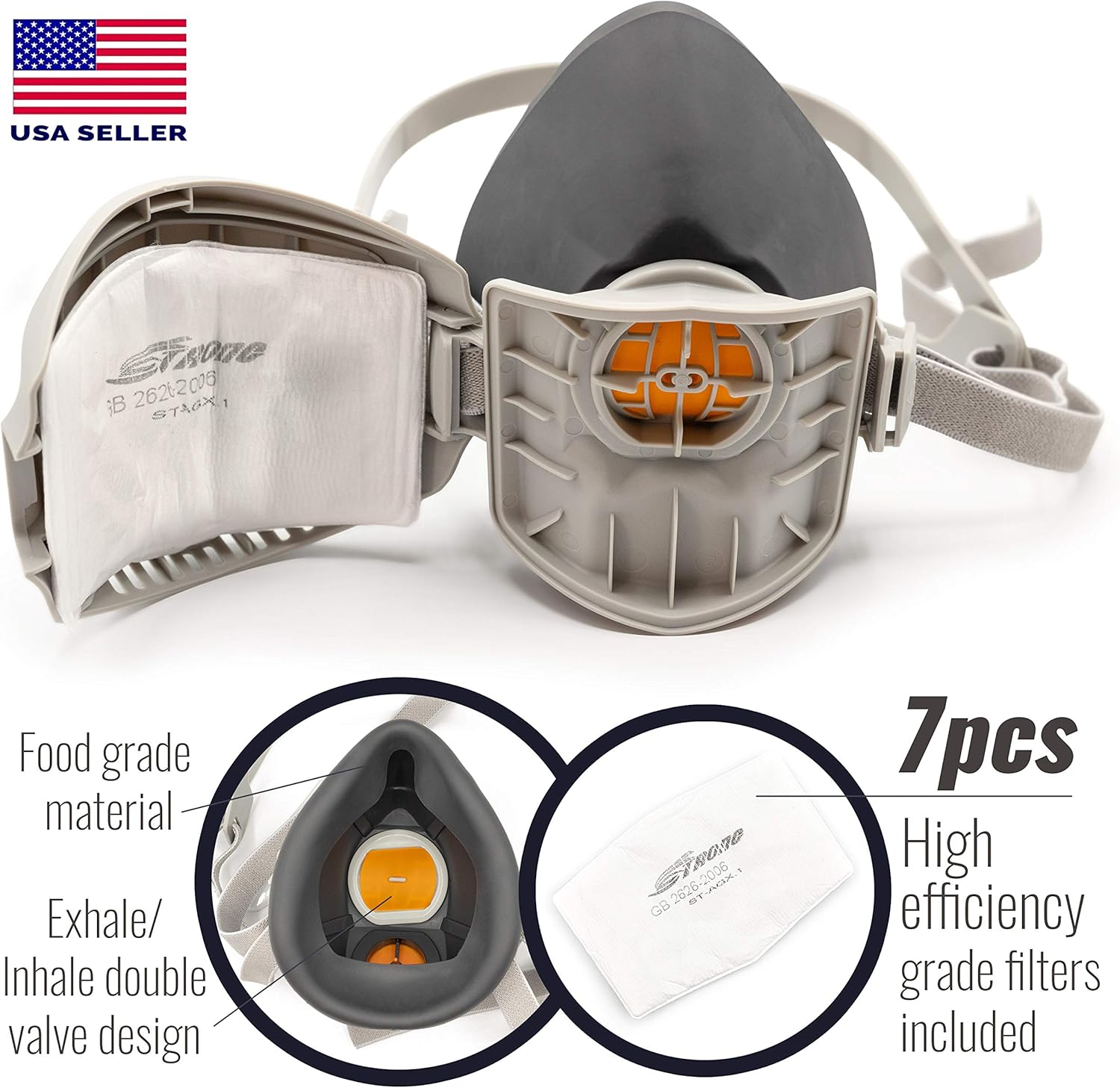 Reusable Respirator Mask with 7 Filters – Half Mask Respirator for Woodworking, Welding, Polishing Painting and Work Protection – Comfortable Quick-Release Headband and Dual Filtration