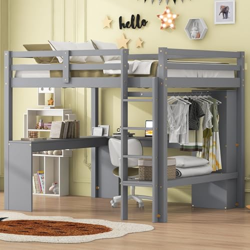 SOFTSEA Full Size Loft Bed with Desk & Wardrobe, Wood Loft Bunk Bed with Storage Shelves and Cabinets, High Loft Bed Frame with Open Wardrobe for Kids Teens Adults, White