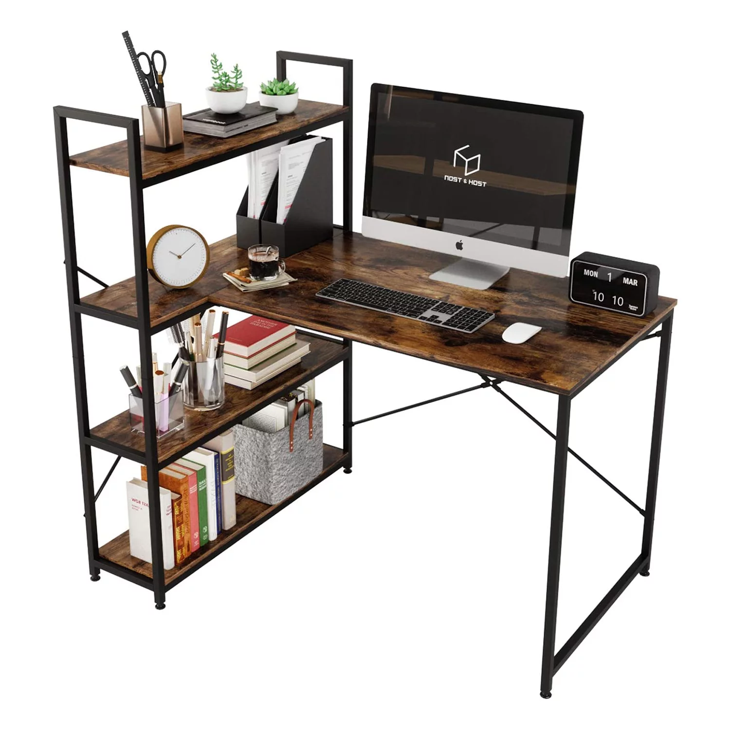 Nost & Host L Shaped Contemporary Computer Desk with Shelves, Rustic Brown