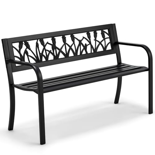 AVAWING Outdoor Metal Garden Bench, 2-Seat Patio Porch Bench with Steel Frame, Park Bench w/Pullout Middle Table＆ Cushion for Backyard Lawn Deck Entryway, Black