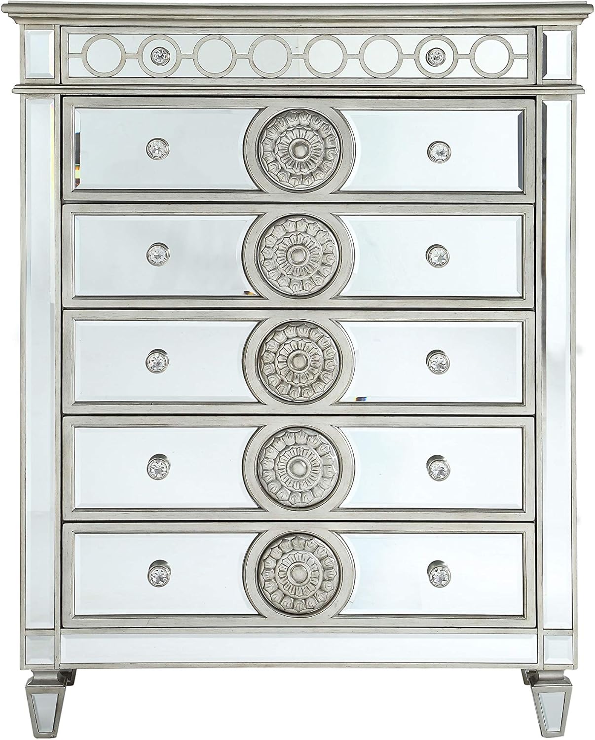 Mirrored Dresser - Silver Dresser with 5 Storage Drawers and Pull-Out Tray, Glam Dresser with Raised Geometric Trim & Sunburst Motifs and Mirror Finish, 5 Drawer Chest for Bedroom