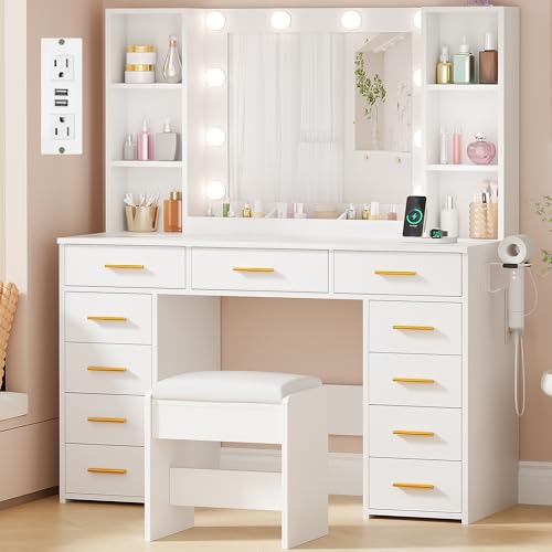ANWBROAD White Vanity Desk with Mirror and Lights Makeup Vanity Desk with Power Outlet 11 Drawers 9 Shelves Hair Dryer Stand 3 Color Lighting Modes Vanity Table with Stool for Bedroom Women UBDT86W