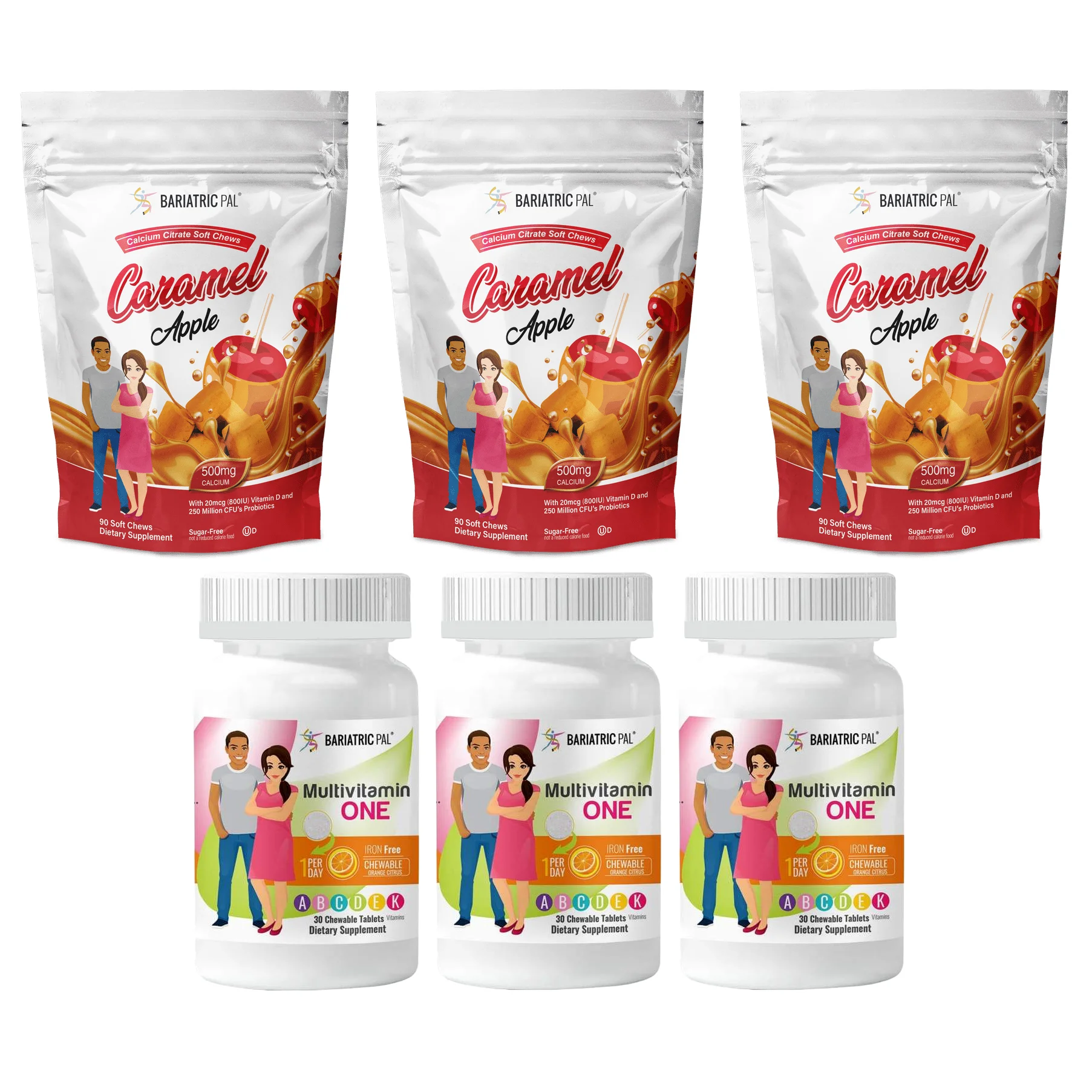 Duodenal Switch Vitamin Pack - Chewables Size: 3-Month Supply, BariatricPal Multivitamin ONE: Orange Citrus Chewable - Iron Free, BariatricPal Calcium Citrate Soft Chews: Caramel Apple