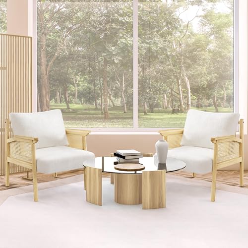 Yaheetech Accent Chair, Boucle Vanity Chair with Rattan Back Arms, Mid Century Chair Upholstered Living Room Chair Lounge Chair Bedroom Balcony White