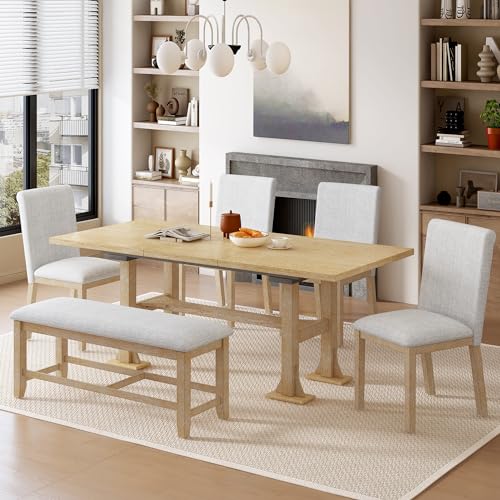 Farmhouse 6-Piece Extendable Dining Table Set, Trestle Kitchen Table Set with Removable Leaf and Upholstered Chair and Bench, Designed for A Large Family (Dark Brown/B)