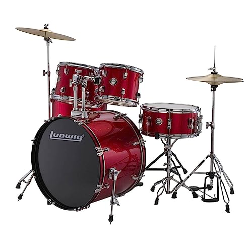 Ludwig Accent 5-piece Complete Drum Set - 22-inch Bass Drum and Cymbals, Red Sparkle