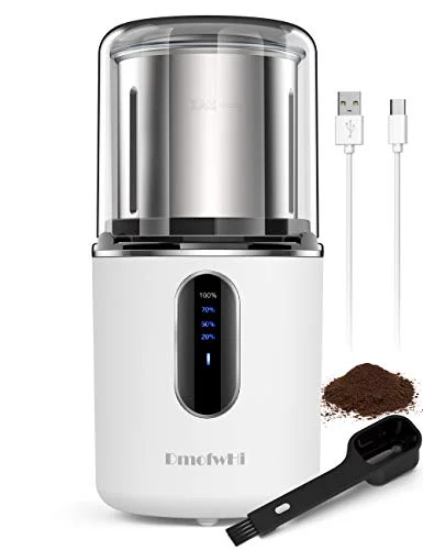 Cordless Coffee Grinder Electric, DmofwHi USB Rechargeable Spice Grinder Electric with 304 Stainless Steel Blade and Removable Bowl, French Grind Coffee Bean Grinder for Spices and Seeds-White