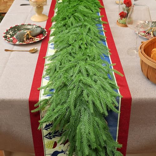 6 Ft 2 Pcs Artificial Norfolk Pine Garland, Real Touch Green Faux Greenery Garland for Christmas Table, Mantle, Wall, Fireplace, Indoor Outdoor Holiday Decor