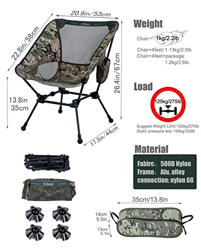 iClimb Ultralight Compact Camping Folding Beach Chair with Anti-Sinking Large Feet