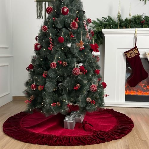 60-Inch Ruffled Velvet Christmas Tree Skirt with Foam Padding, Nylon Backing and Lace-Up Tie Closure, Burgundy