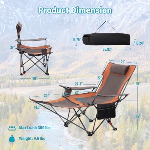 Reclining Camping Chair with Foot Rest, Folding Lounge Chairs for Adults,Outdoor Chair Support 300 lbs with Adjustable Backrest &Cup Holder Portable Recliner Beach Chairs for Lawn Outside,Gray