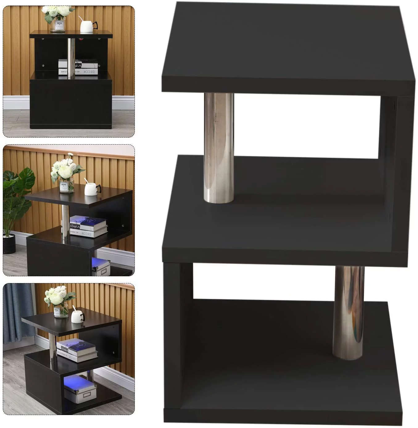 Modern 3Tier S-shaped Sofa Side End Table Furniture LED High Gloss Coffee Table Black