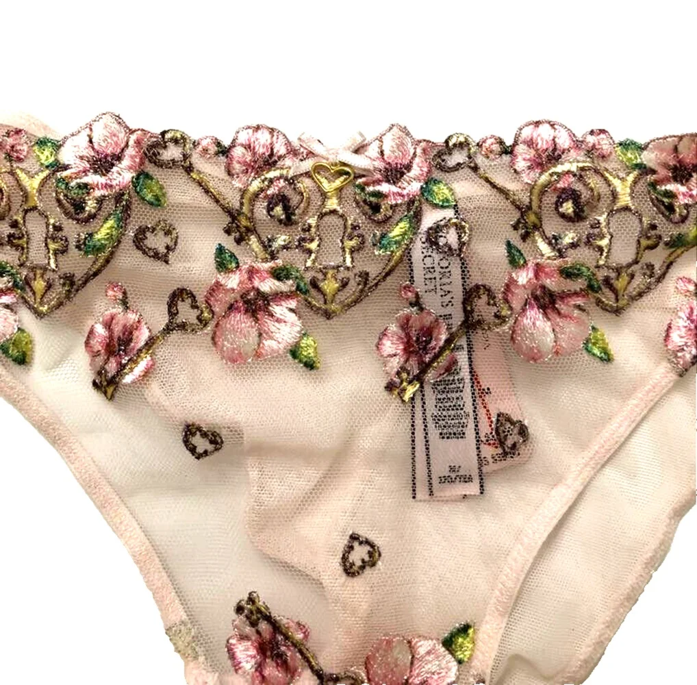 Victoria's Secret Dream Angels Brazilian Embroidery Shimmer Shine Floral Panty Light Pink Size Medium NWT
