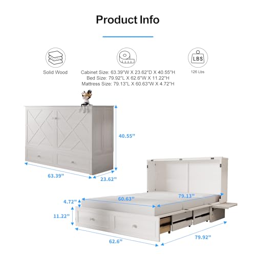PUREMIND Queen Murphy Bed with Storage Drawers, Camas Con Colchon Incluido, Hideaway Chest Beds with Built-in Charging Station, Murphy Bed Queen Space-Saving Wall Beds for Bedroom